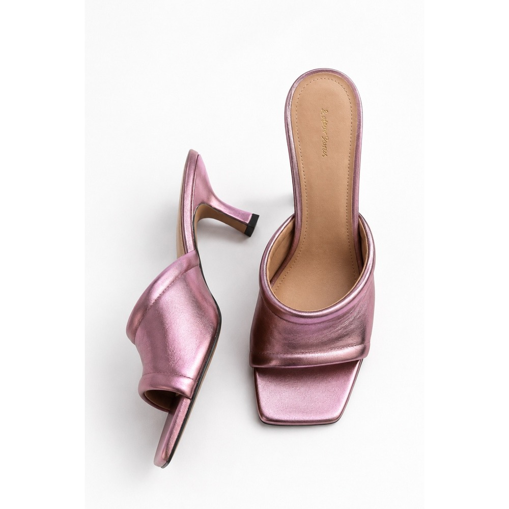 & Other Stories Metallic Pink Leather Square Toe Kitten Heel Mules Size 10